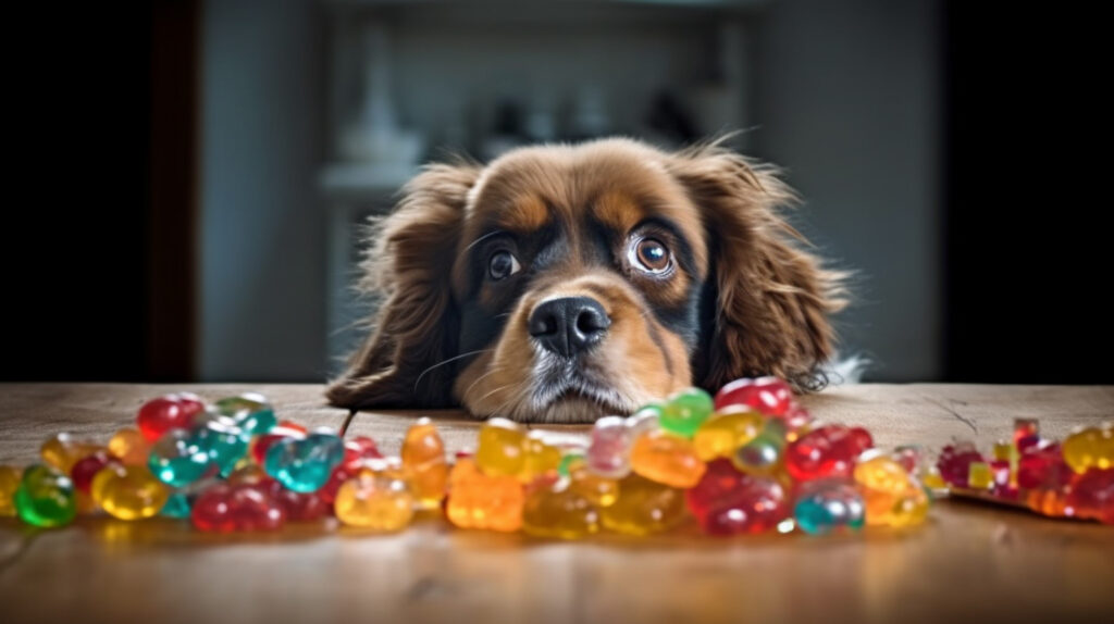 Hund frisst Gummibärchen