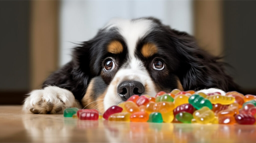 Hund frisst Gummibärchen